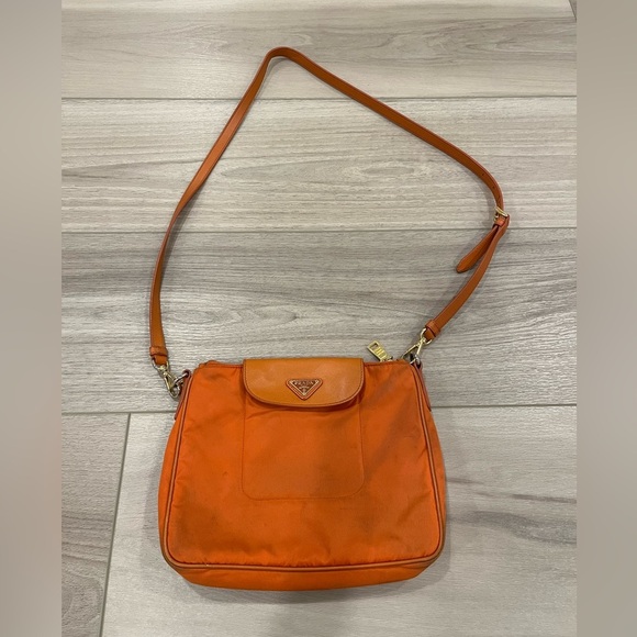 PRADA Tessuto Nylon Saffiano Leather Flap Detail Crossbody Papaya - Picture 1 of 8